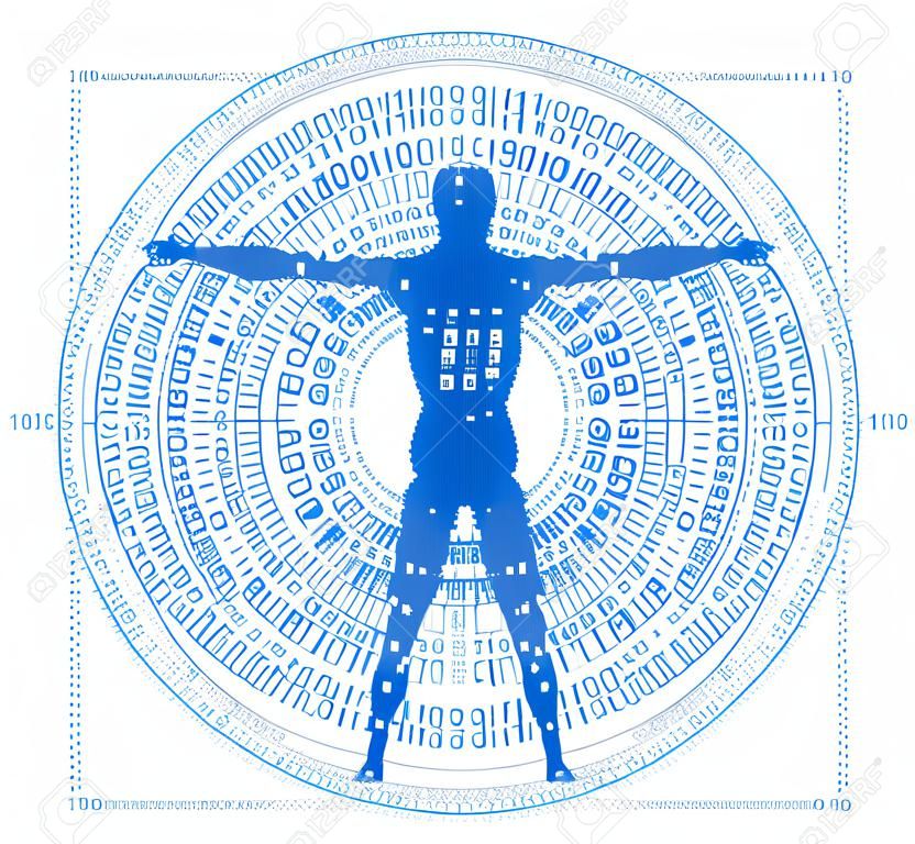 Uomo vitruviano con codice binario, simbolo dell'era digitale. Disegno stilizzato dell'uomo vitruviano con spirale di codici binari. Vettore disponibile.