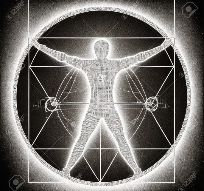 Uomo vitruviano con codice binario, simbolo dell'era digitale. Disegno stilizzato dell'uomo vitruviano con spirale di codici binari. Vettore disponibile.