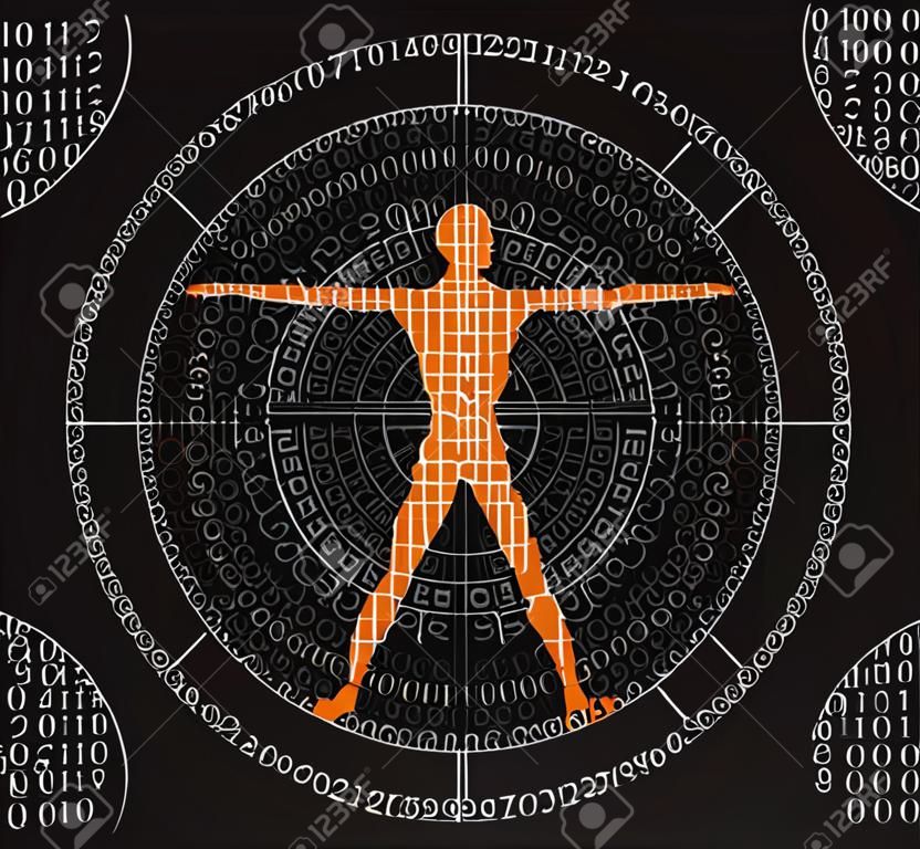 Uomo vitruviano con codice binario, simbolo dell'era digitale. Disegno stilizzato dell'uomo vitruviano con spirale di codici binari su sfondo nero. Vettore disponibile.