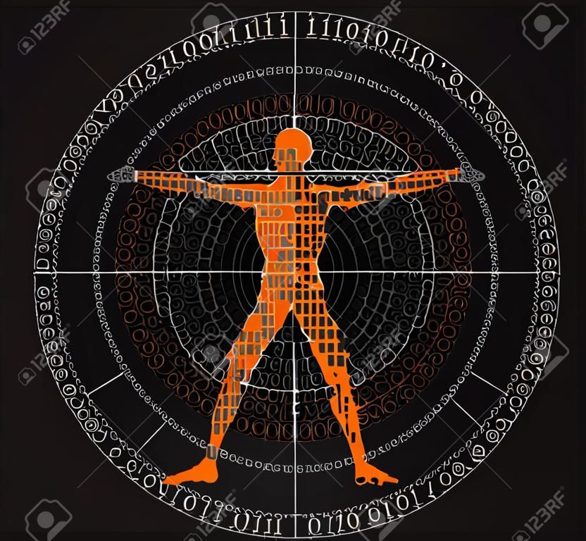 Vitruvian man with binary code, symbol of digital age. Stylized drawing of vitruvian man with spiral of binary codes on black background. Vector available.