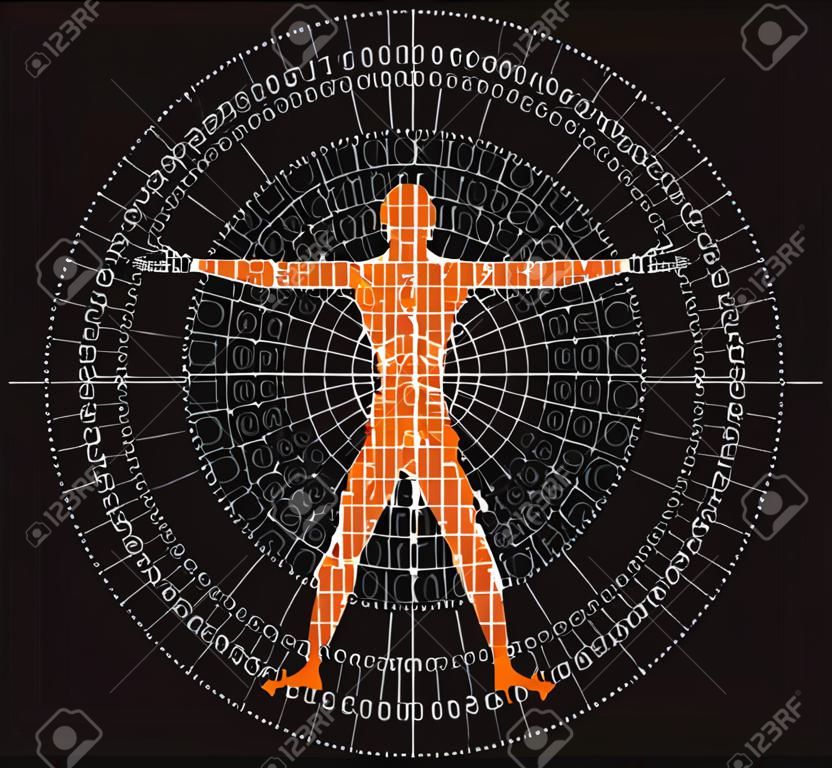 Vitruvian man with binary code, symbol of digital age. Stylized drawing of vitruvian man with spiral of binary codes on black background. Vector available.