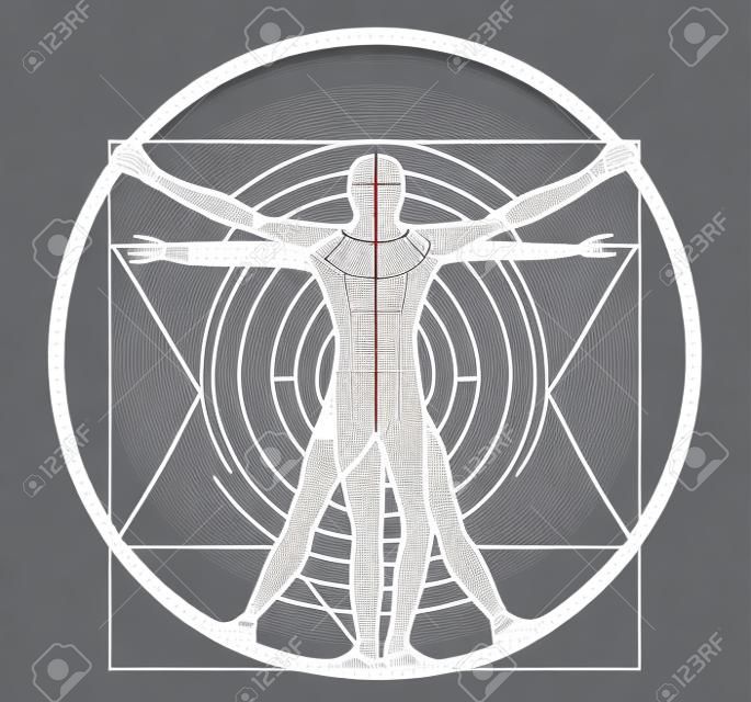 Dostępny człowiek witruwiański z kodem binarnym, nowoczesna odmiana słynnego symbolu, stylizowany rysunek człowieka witruwiańskiego ze spiralą wektorów kodów binarnych