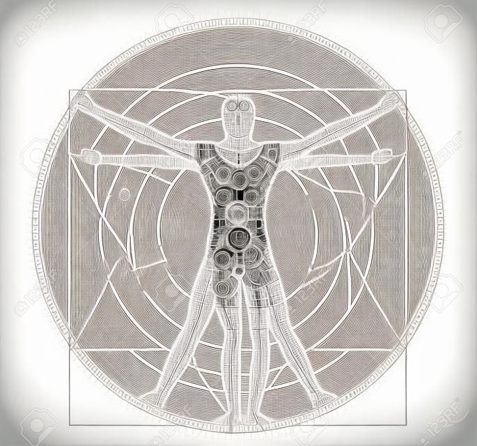 Dostępny człowiek witruwiański z kodem binarnym, nowoczesna odmiana słynnego symbolu, stylizowany rysunek człowieka witruwiańskiego ze spiralą wektorów kodów binarnych