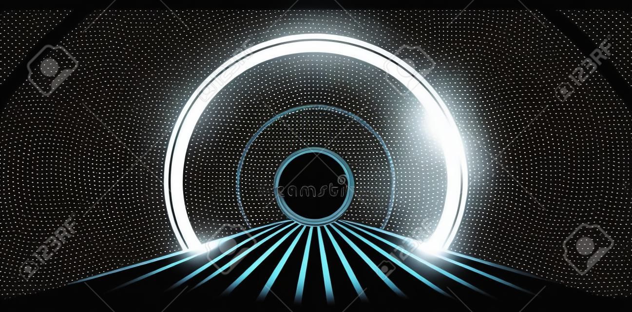 Illustrazione vettoriale della luce d'argento del cerchio radiale attraverso il tunnel per segni aziendali, attività pubblicitarie, post sui social media, pubblicità di agenzie di cartelloni pubblicitari, campagne pubblicitarie, mot