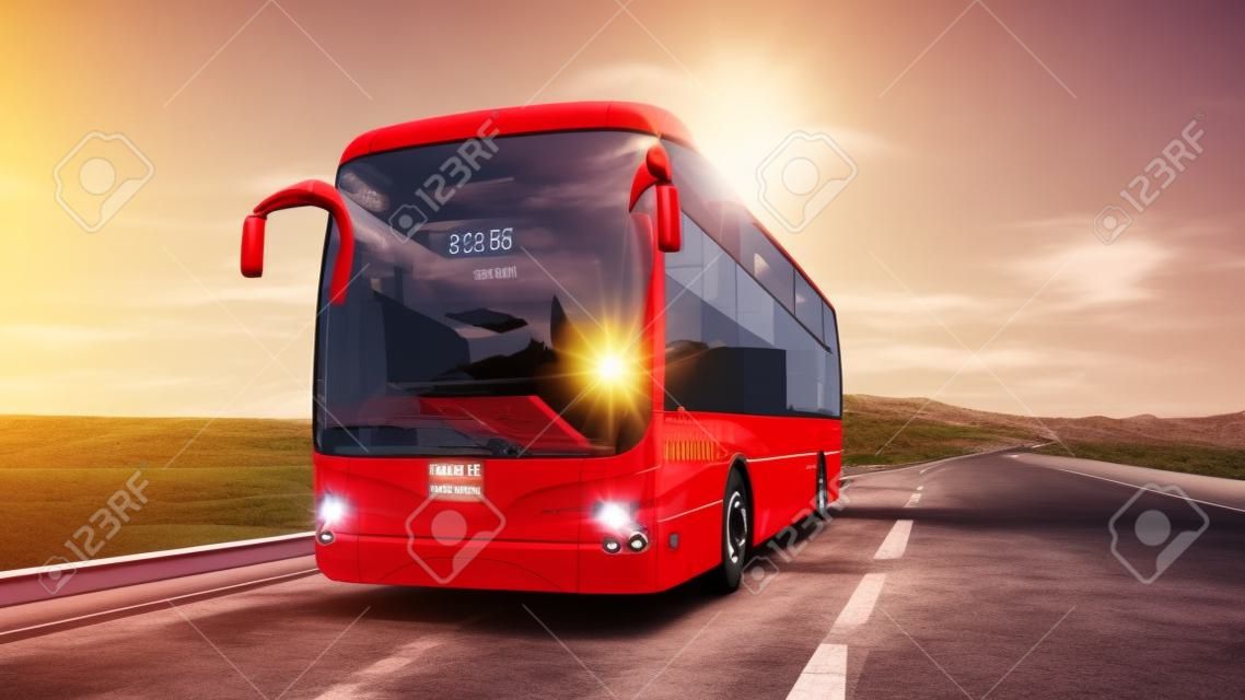 autobus rosso turistico sulla strada, autostrada. Guida molto veloce. Concetto turistico e viaggi. Rendering 3d.