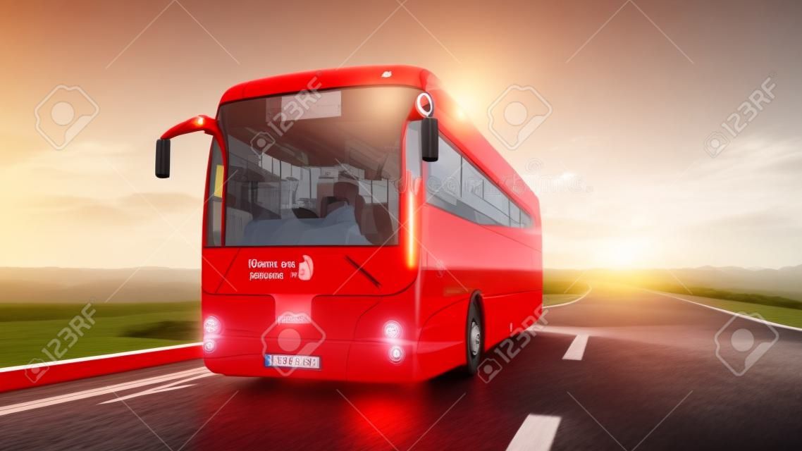 autobus rosso turistico sulla strada, autostrada. Guida molto veloce. Concetto turistico e viaggi. Rendering 3d.