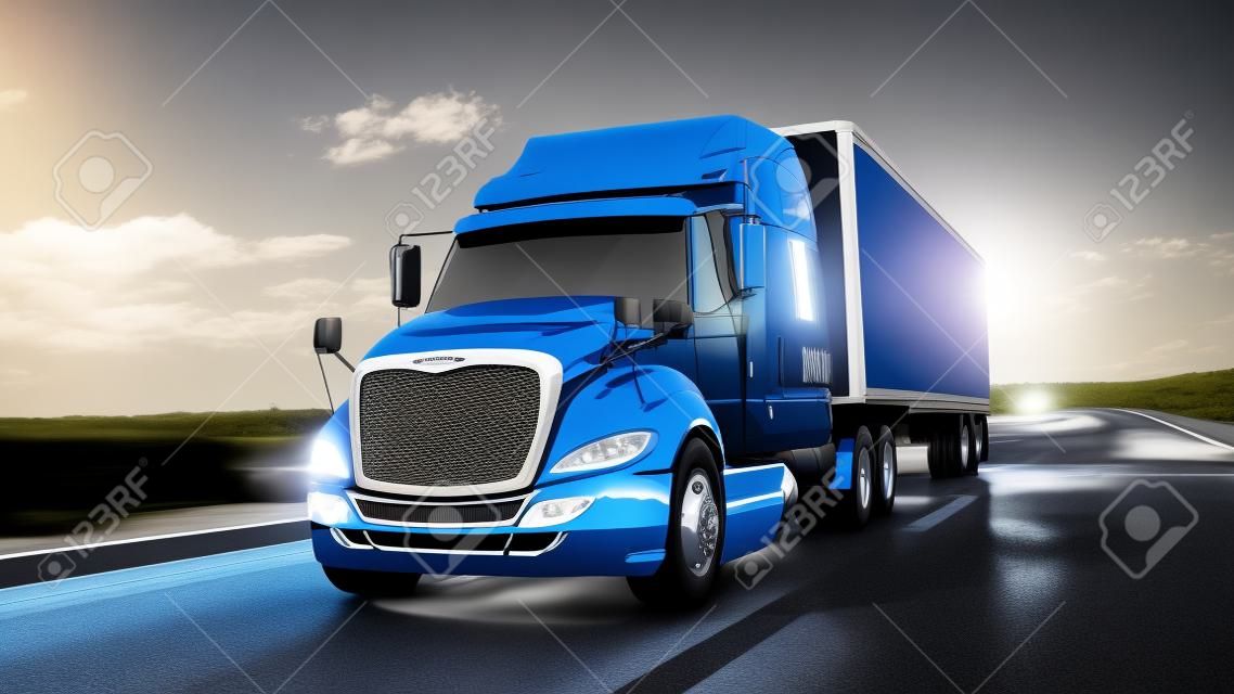 semi trailer, Truck op de weg, snelweg. Transporten, logistiek concept. 3d rendering.