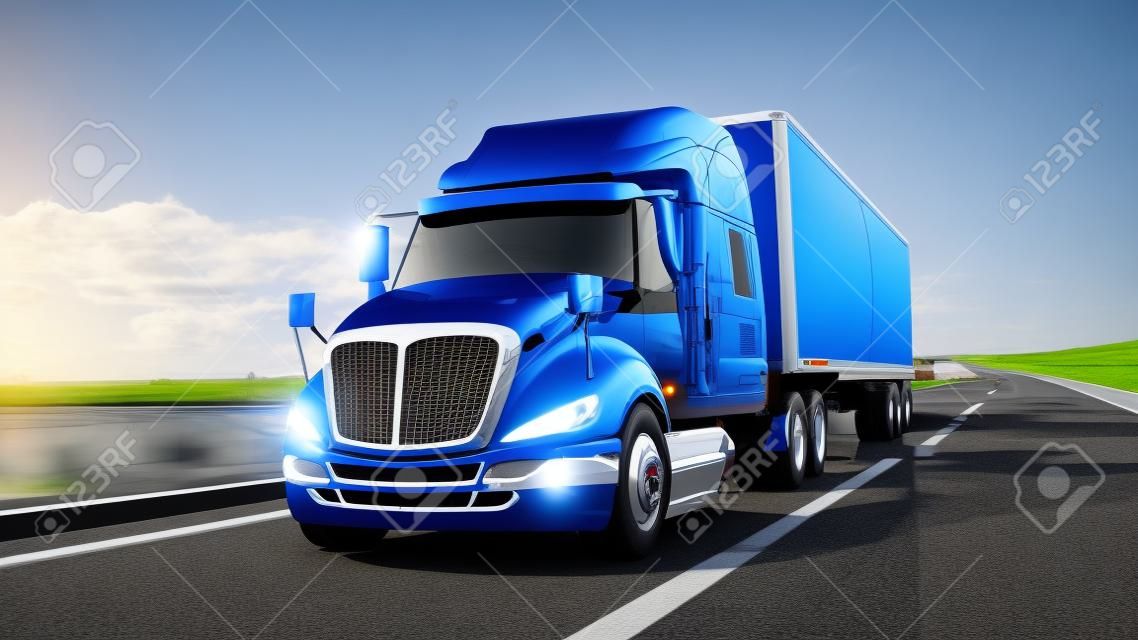 semi-remorque, camion sur la route, autoroute. Transports, concept logistique. Rendu 3D.