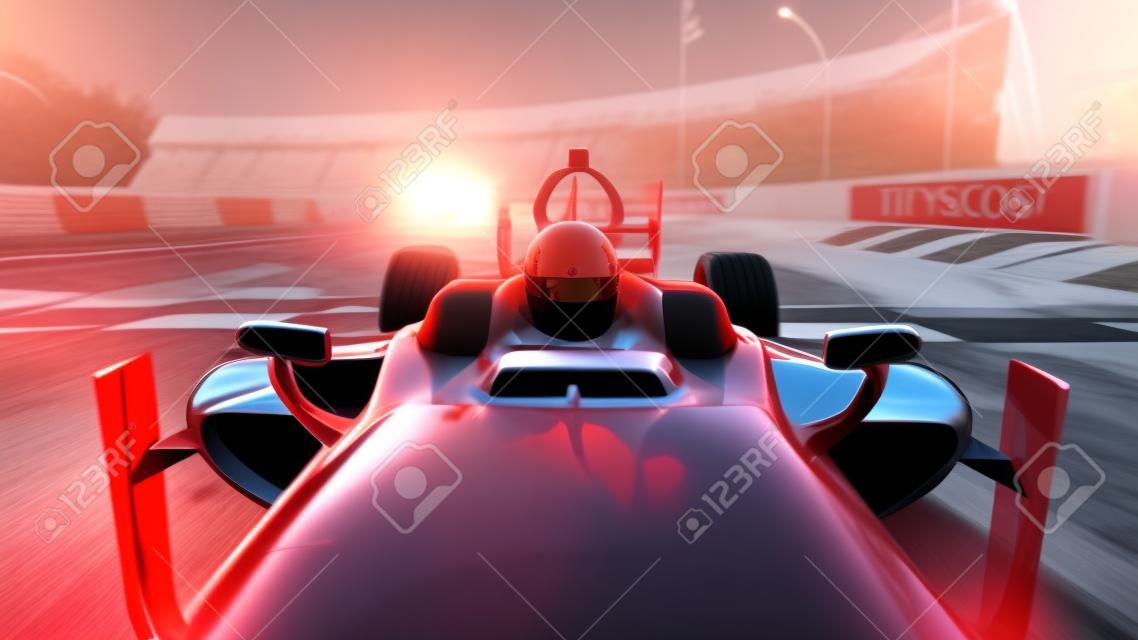 フォーミュラ 1 のレーシングカーのレーサー。レースと動機の概念。素晴らしいサンセット。3 d レンダリング。