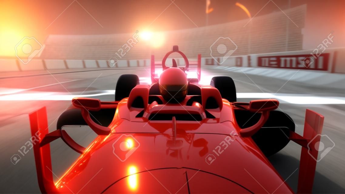 Racer of formula 1 in a racing car. Race and motivation concept. Wonderfull sunset. 3d rendering.