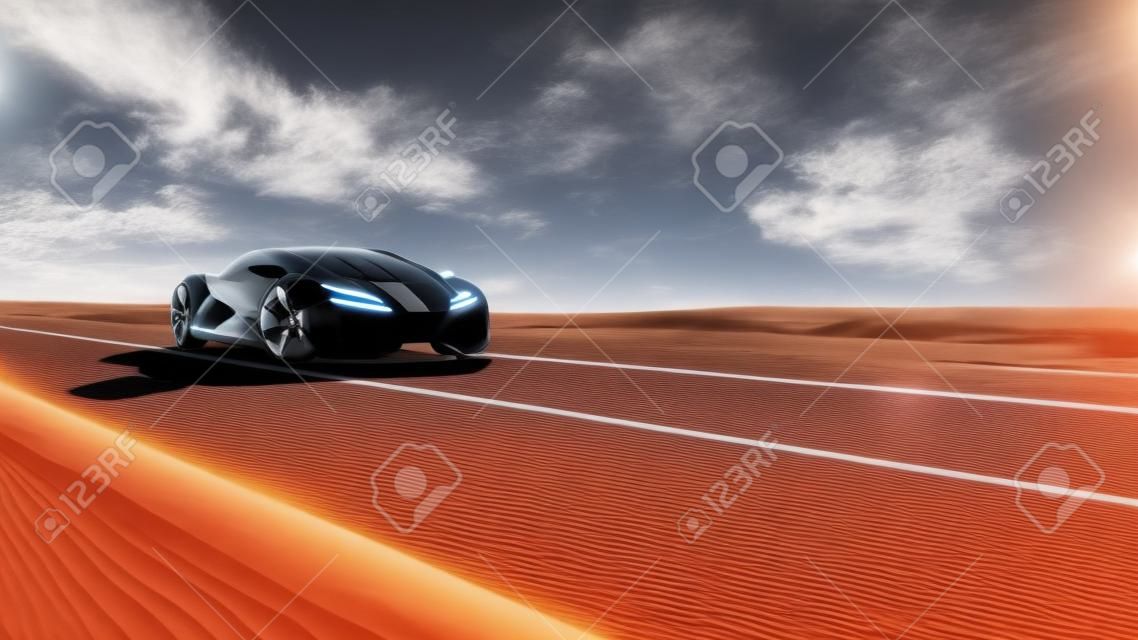 Czarny futurystyczny samochód elektryczny na autostradzie na pustyni. bardzo szybka jazda. koncepcja przyszłości. renderowania 3D.