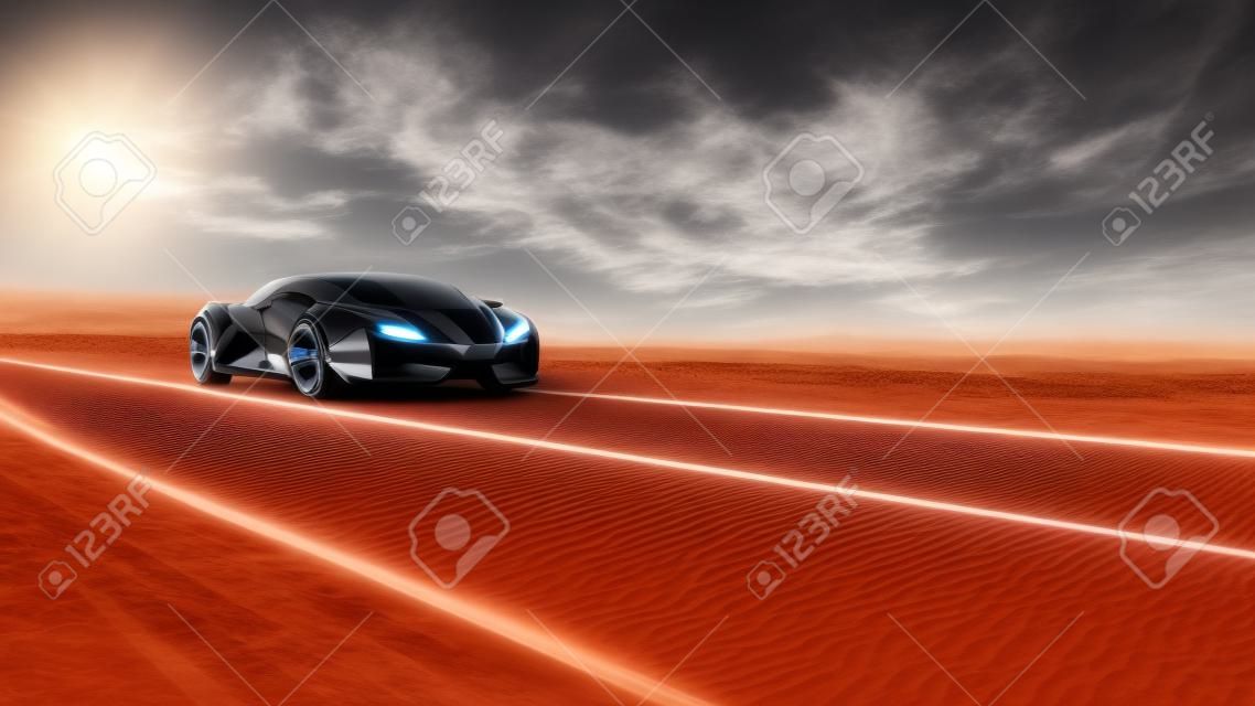 black futuristic electric car on highway in desert. Very fast driving. Concept of future. 3d rendering.