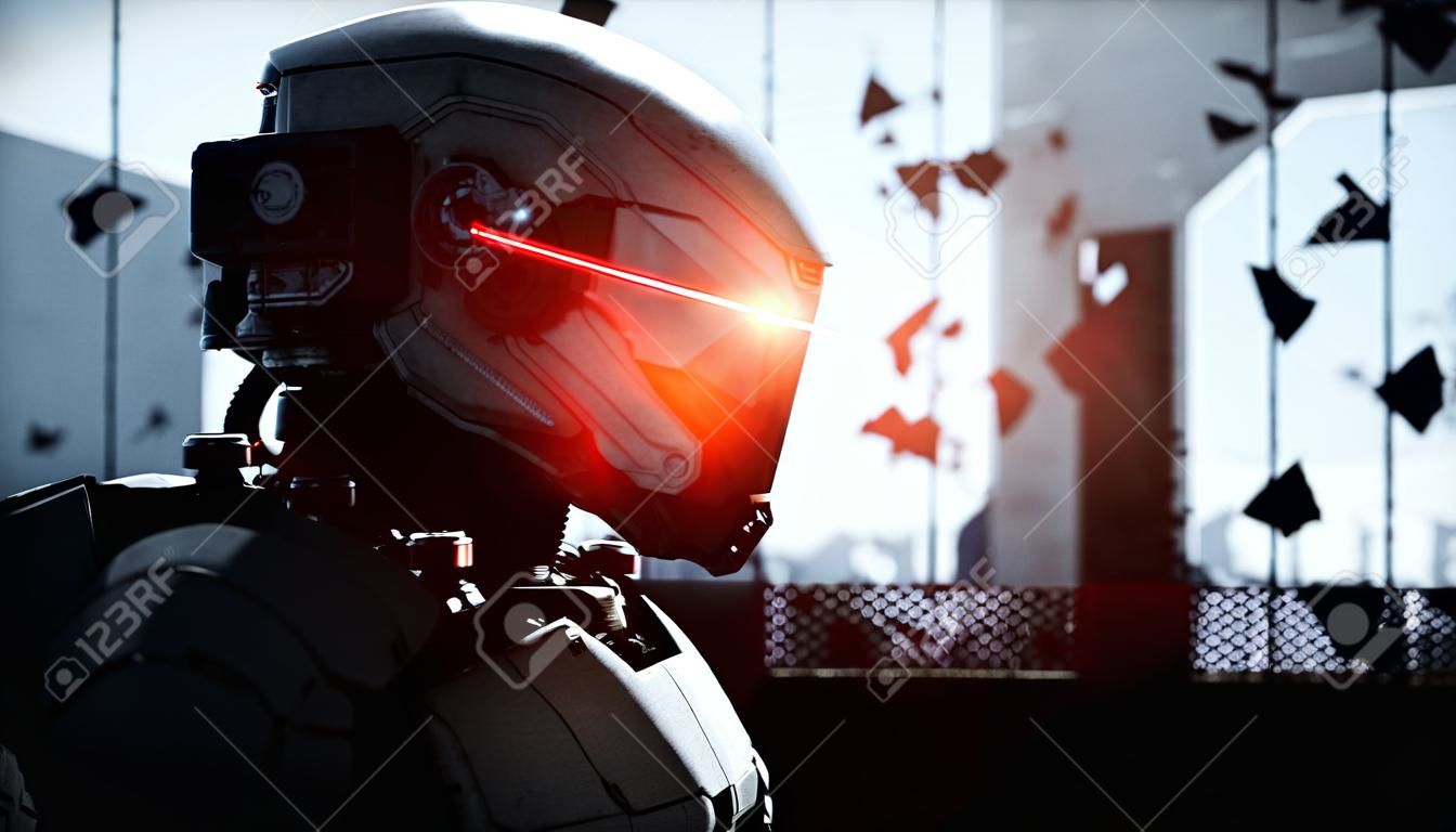 파괴 된 도시에서 군사 로봇입니다. 미래의 종말 개념입니다. 3d 렌더링.