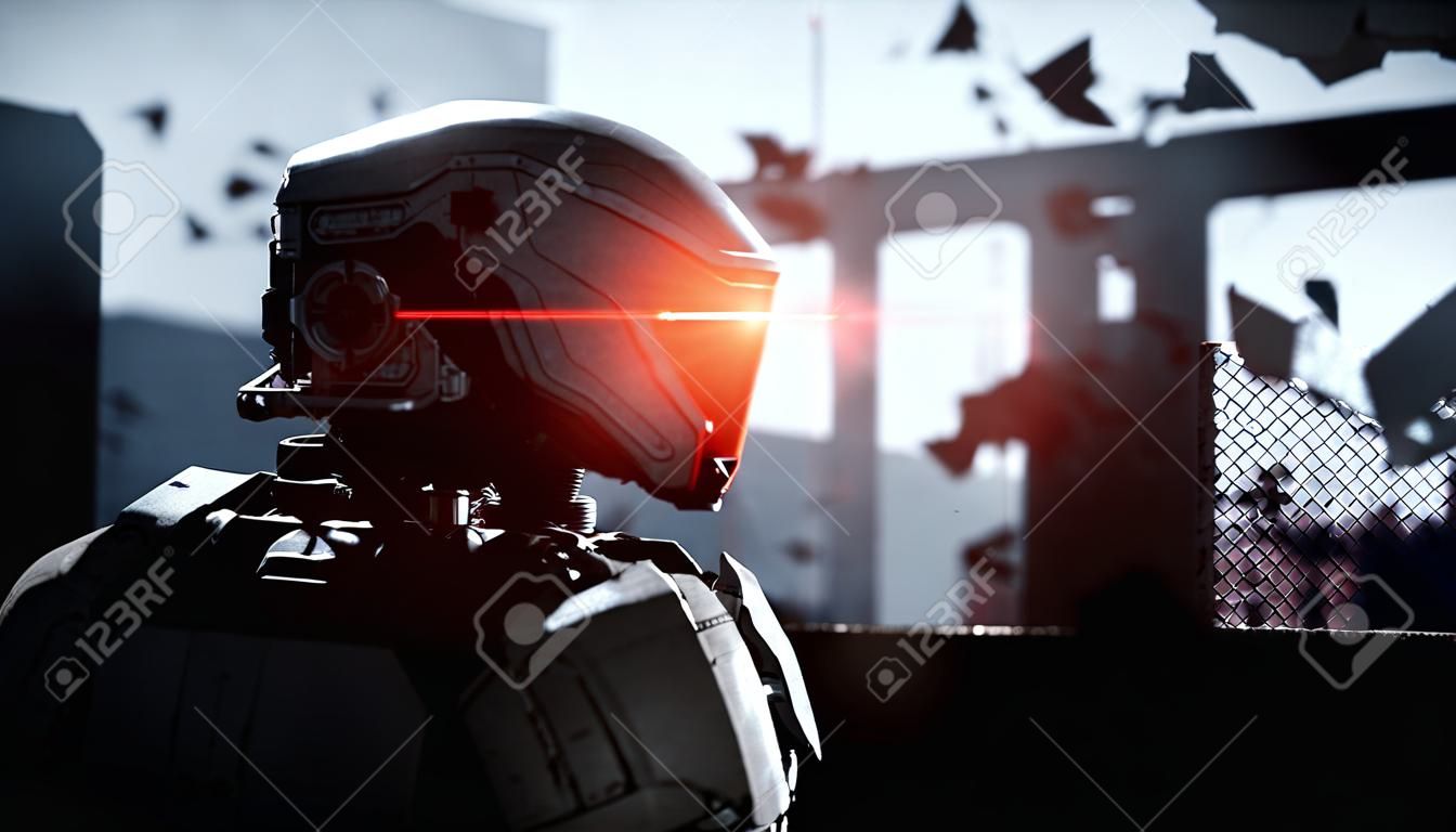 Militaire robot in verwoeste stad. Toekomstige Apocalyps concept. 3D rendering.