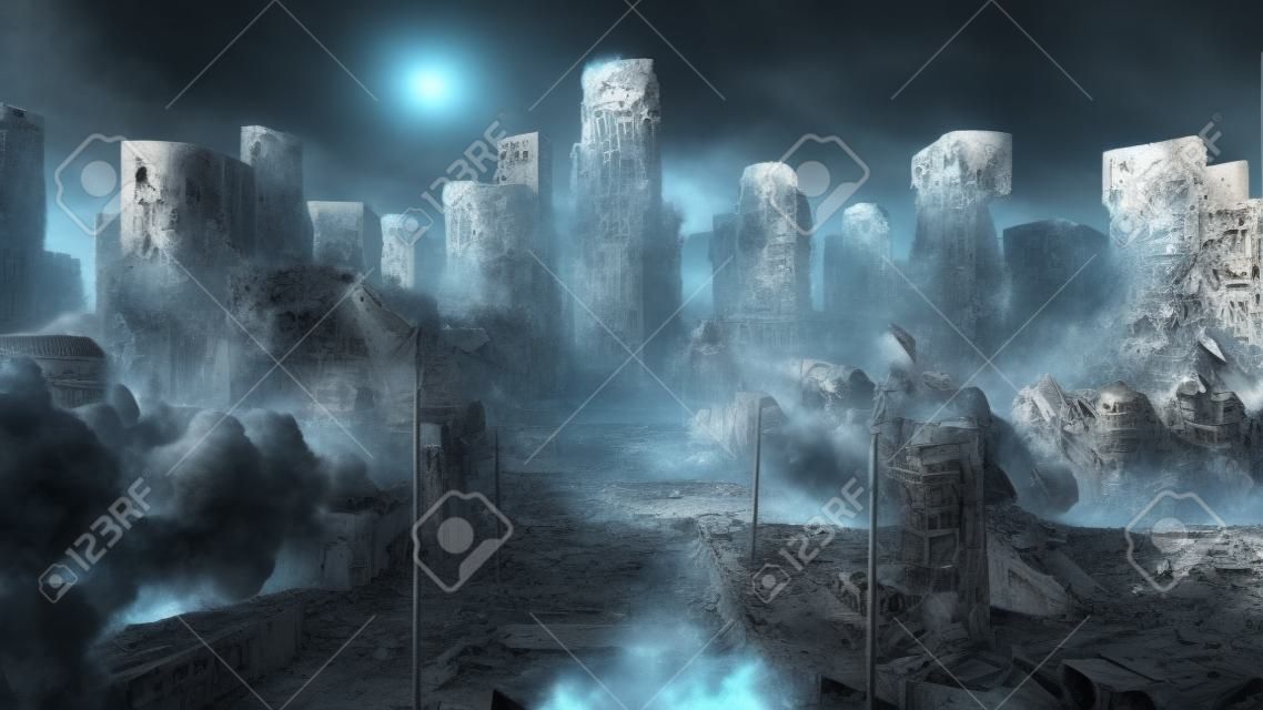 Cidade do apocalipse. Vista aérea da cidade destruída. Conceito do apocalipse. renderização 3d