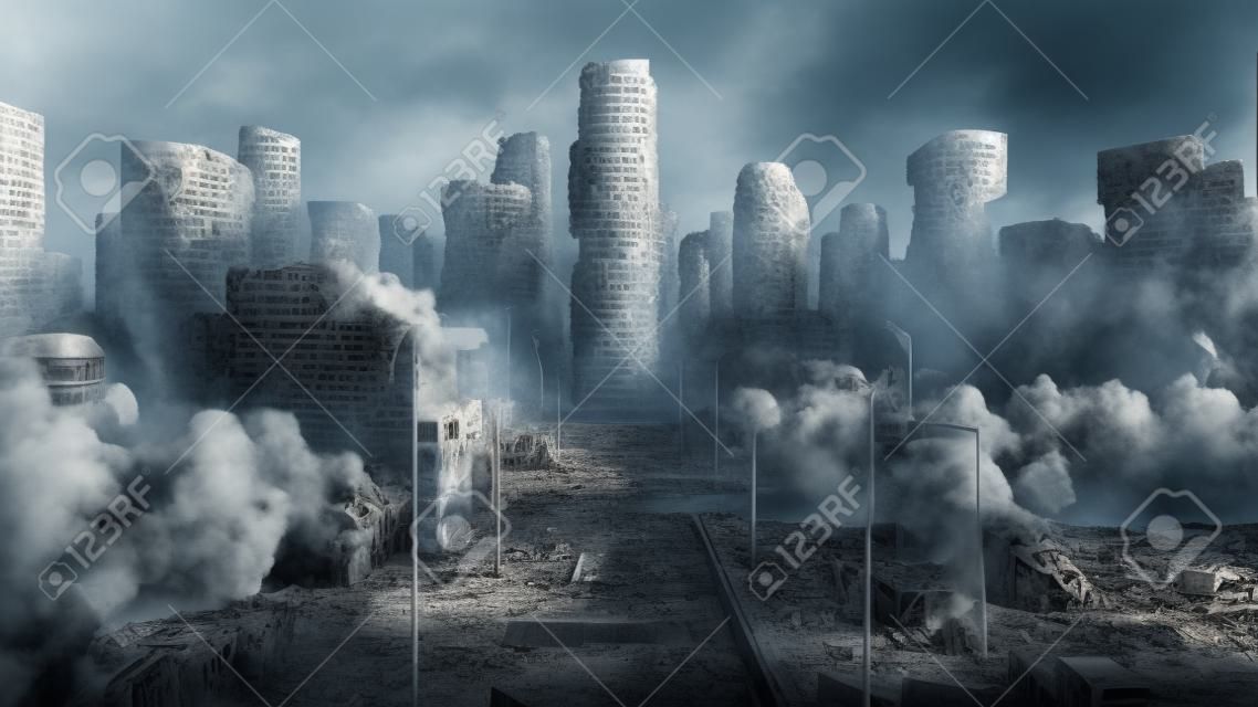 Cidade do apocalipse. Vista aérea da cidade destruída. Conceito do apocalipse. renderização 3d