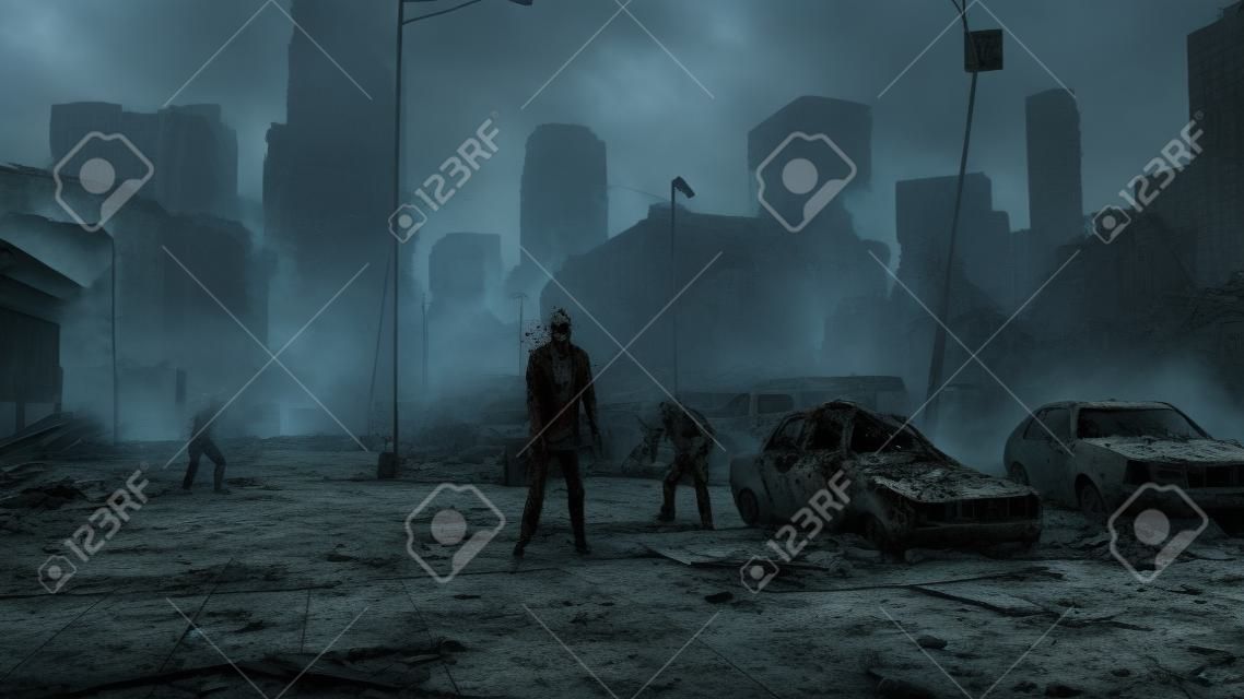 Terrible zombie in destroyed city. Zombie apocalypse concept. 3d rendering