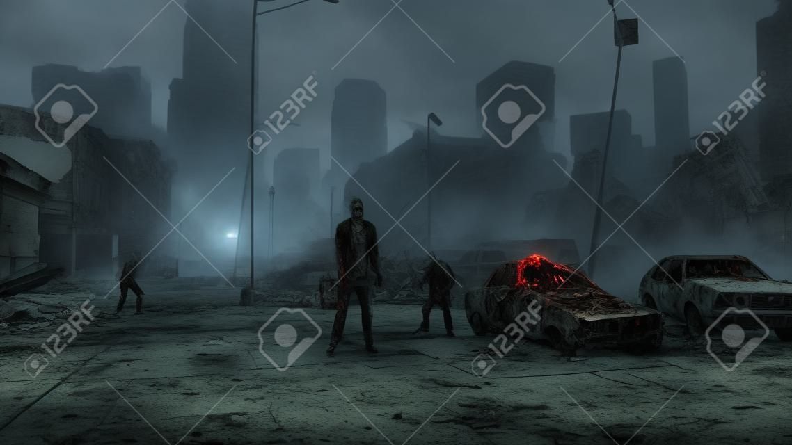 Terrible zombie in destroyed city. Zombie apocalypse concept. 3d rendering