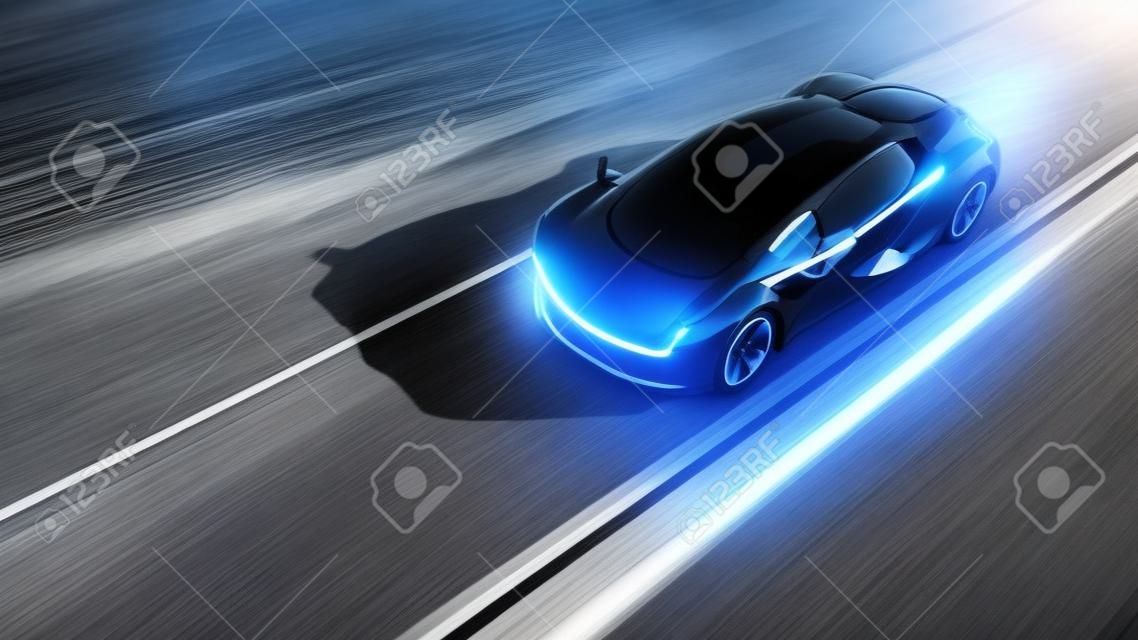 zwarte futuristische elektrische auto op de snelweg in de woestijn. Zeer snel rijden. Concept van de toekomst. 3d rendering