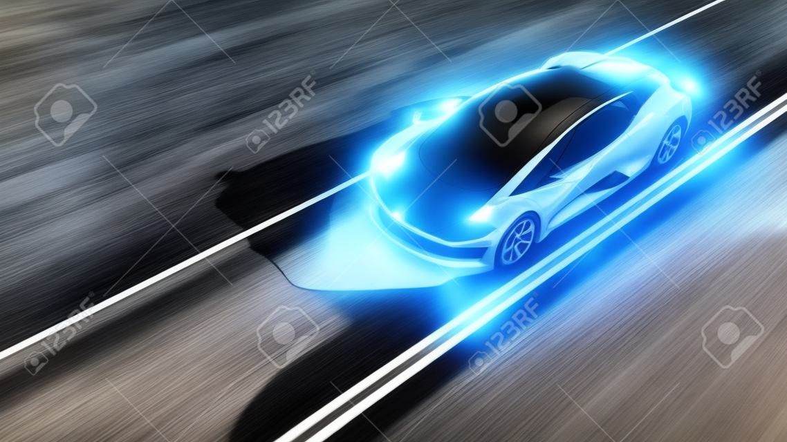 carro elétrico futurista preto na estrada no deserto. Condução muito rápida. Conceito de futuro. renderização 3d