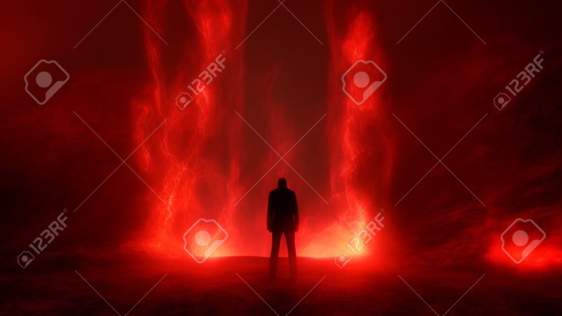 Een eenzame zondige man staat voor een hell hekken. Hel vuur. Religieus concept. 3d rendering.