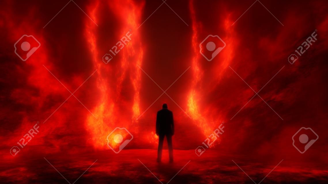 Een eenzame zondige man staat voor een hell hekken. Hel vuur. Religieus concept. 3d rendering.