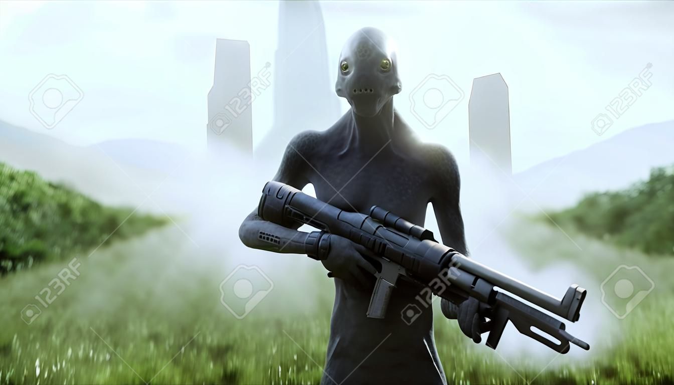Military alien with a weapon walks through the meadow against the background of the city. 3d rendering