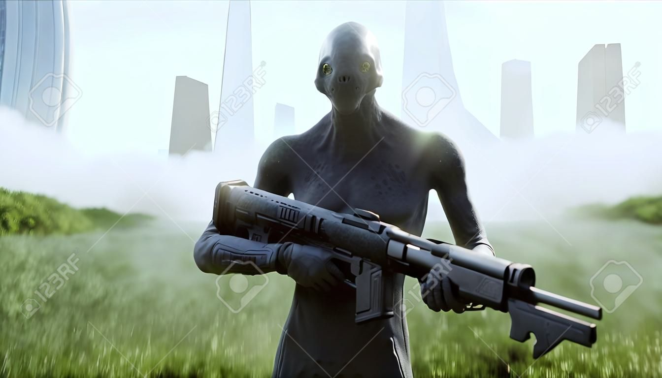 Military alien with a weapon walks through the meadow against the background of the city. 3d rendering