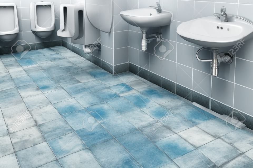 바닥이 젖고 학생의 더러운 발자국, 더러운 소변기, 세면대, 타일로 된 벽, 비위생적, 더러운 화장실 또는 화장실을 청소하지 않은 오래된 지저분한 화장실, 다시 학교로
