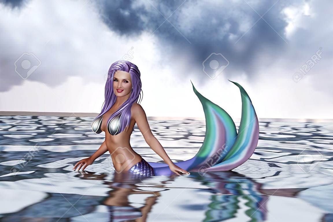 3d Fantasy Meerjungfrau im mythischen Meer, Fantasy Märchen einer Meeresnymphe, 3d Illustration für Buchcover oder Buchillustration
