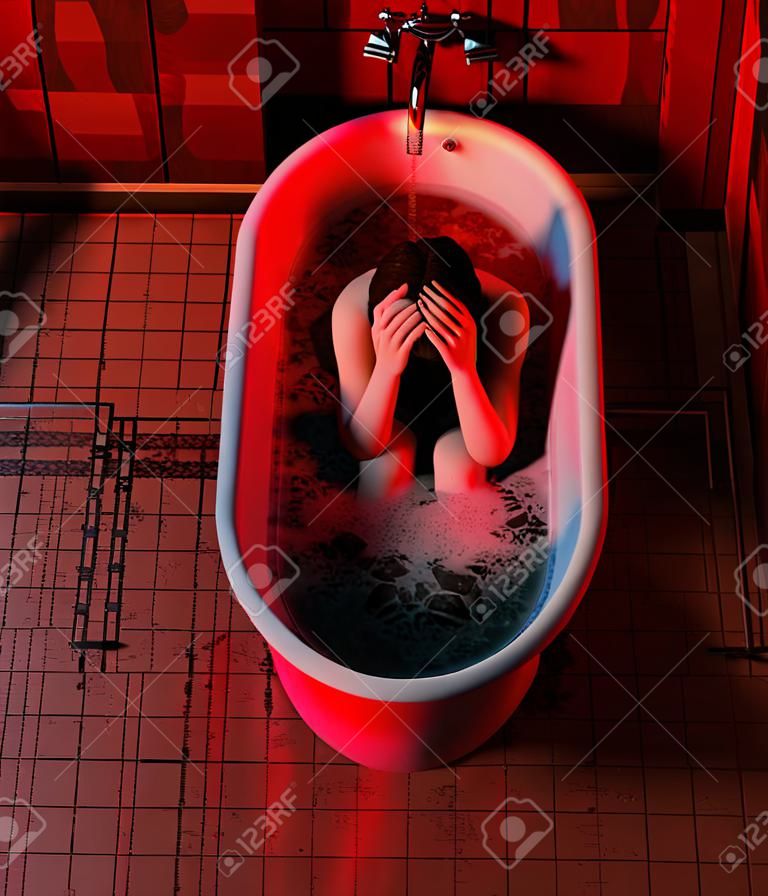 Stress woman sitting in bathtub,Horror concept 3d illustration
