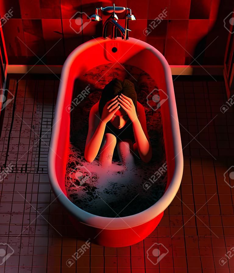 Stress woman sitting in bathtub,Horror concept 3d illustration