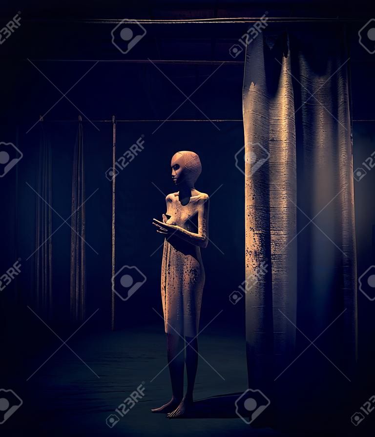 Mulher fantasma no edifício abandonado, ilustração 3d
