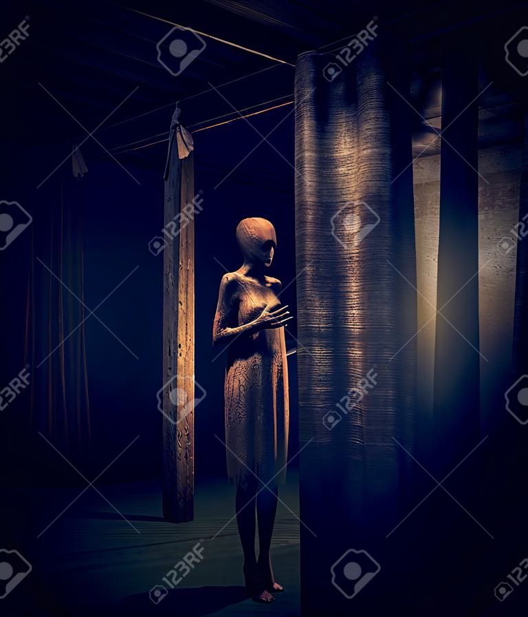 Mulher fantasma no edifício abandonado, ilustração 3d