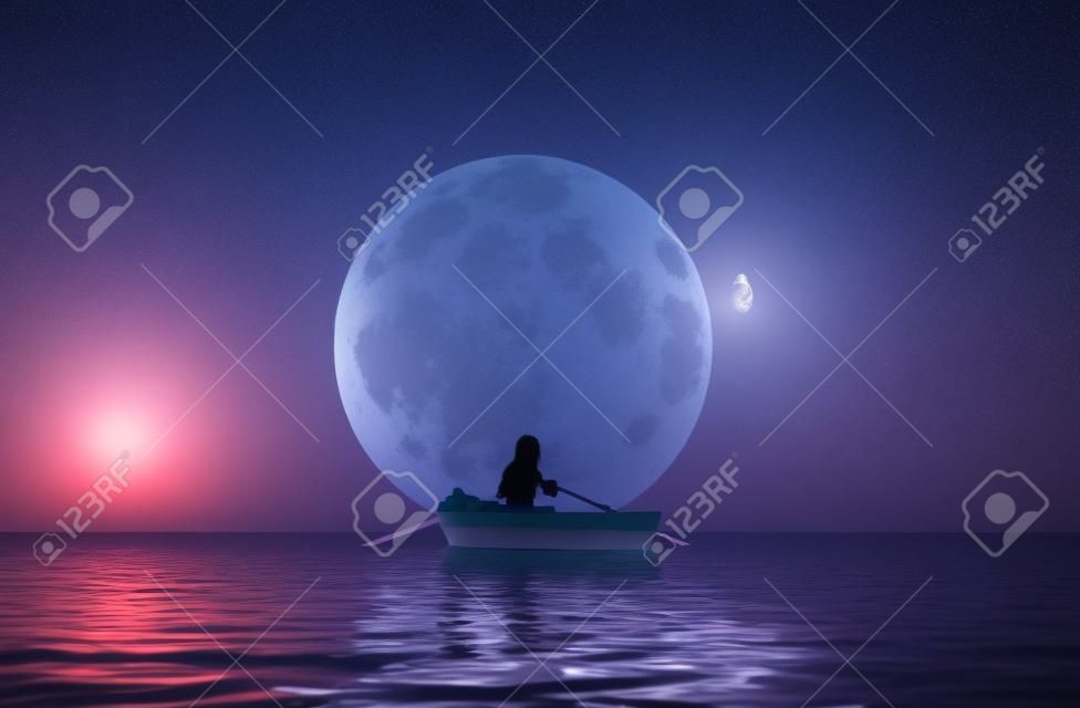 Ragazza in barca a remi sul mare al chiaro di luna, rendering 3d