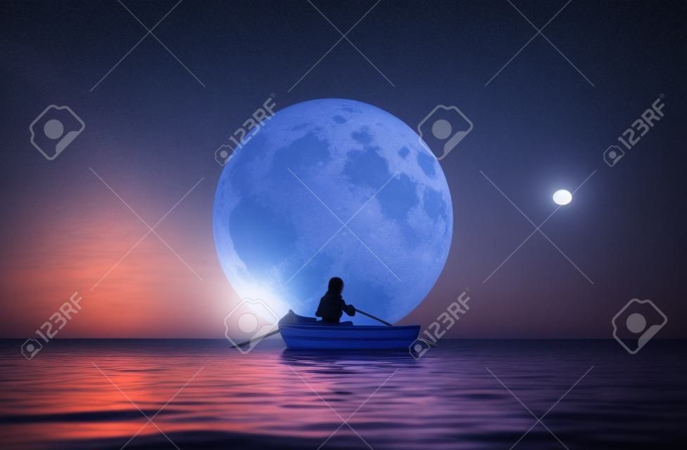 Ragazza in barca a remi sul mare al chiaro di luna, rendering 3d