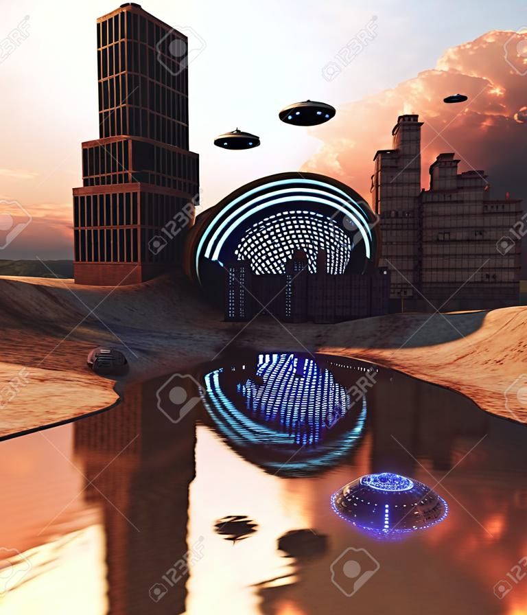 Acidente do disco Ufo na cidade abandonada, renderização 3d