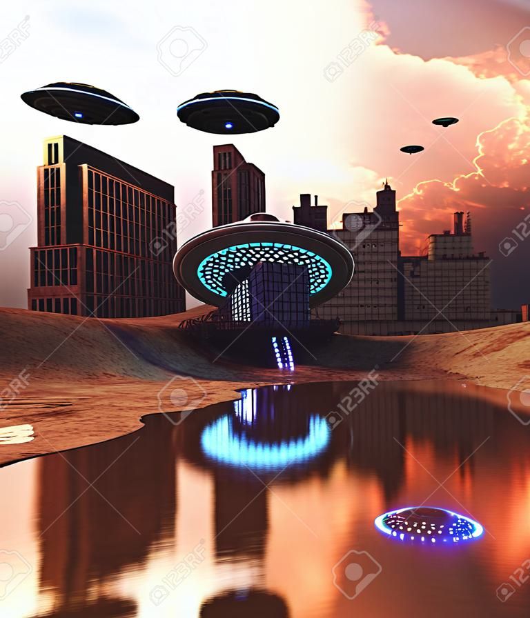 Acidente do disco Ufo na cidade abandonada, renderização 3d