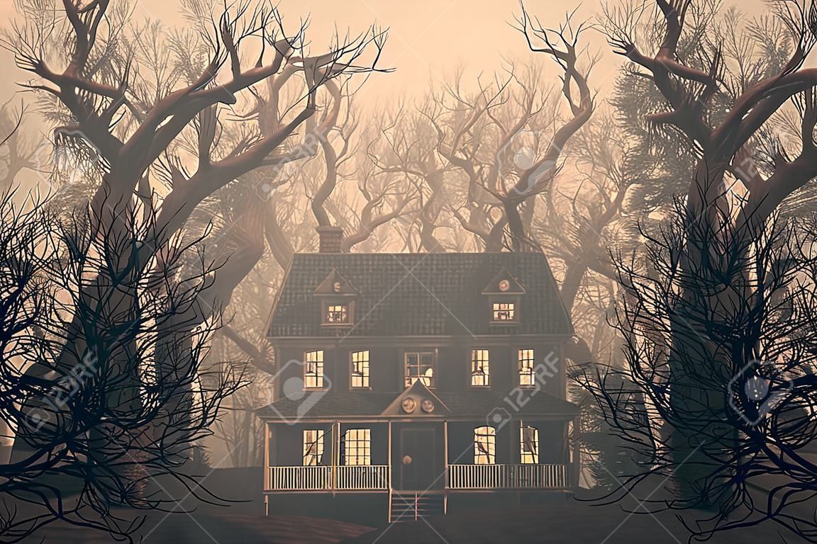 nawiedzony dom scena w przerażającym lesie, ilustracja 3d
