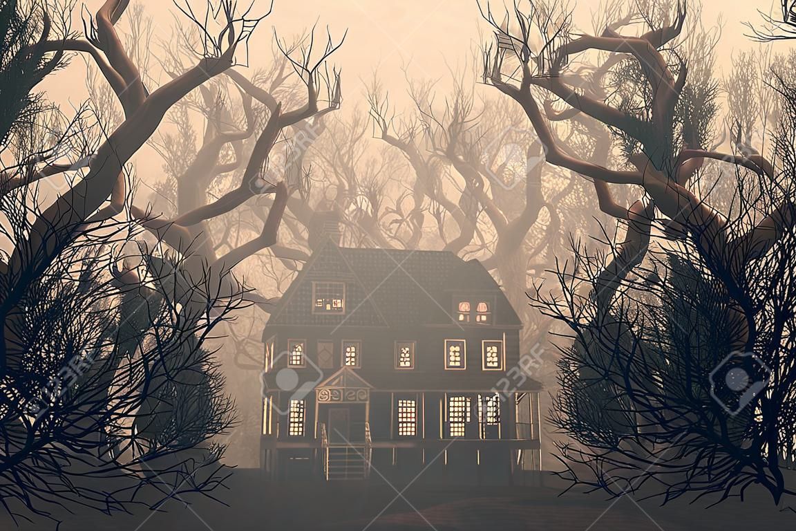 nawiedzony dom scena w przerażającym lesie, ilustracja 3d