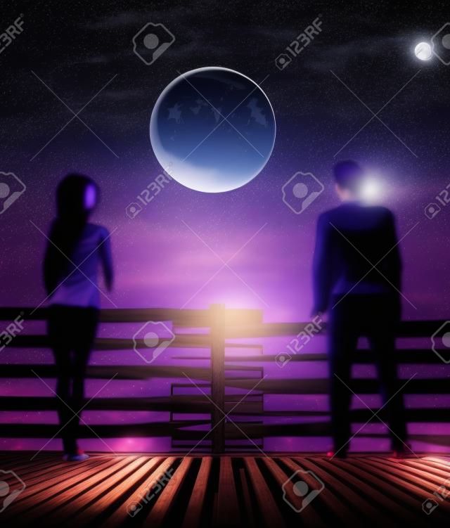 Odległość między nami, mężczyzną i kobietą na drewnianym moście w nocy z tłem księżyca, ilustracja 3d