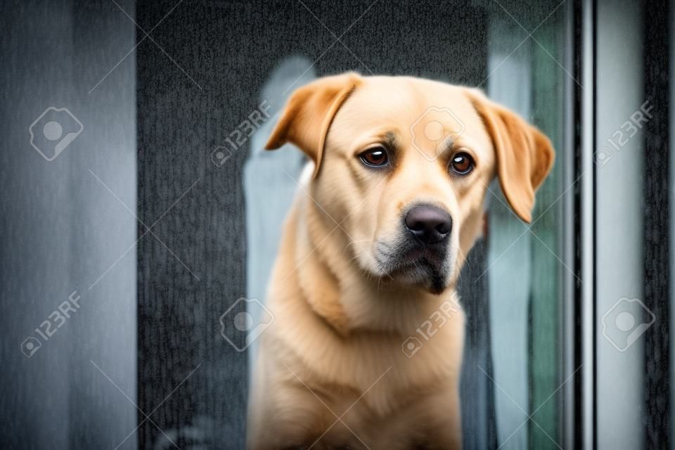 Üzgün köpek evde yalnız bekliyor. Labrador retriever yağmur sırasında pencereden bakıyor.