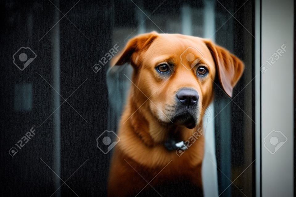 Szomorú kutya egyedül várja otthon. Labrador retriever nézegette az ablakot eső alatt.