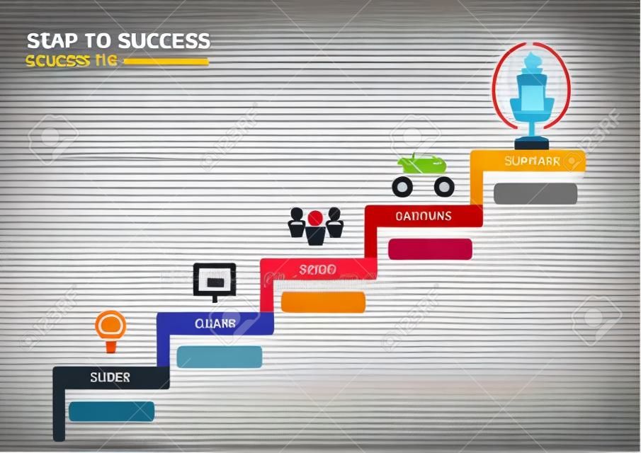 Başarıya merdiven basamağı. Simge ve başarılı unsurları olan merdiven. Infographic, banner, diagram, step up seçenekleri için kullanılabilir. Vektör illüstrasyonu.