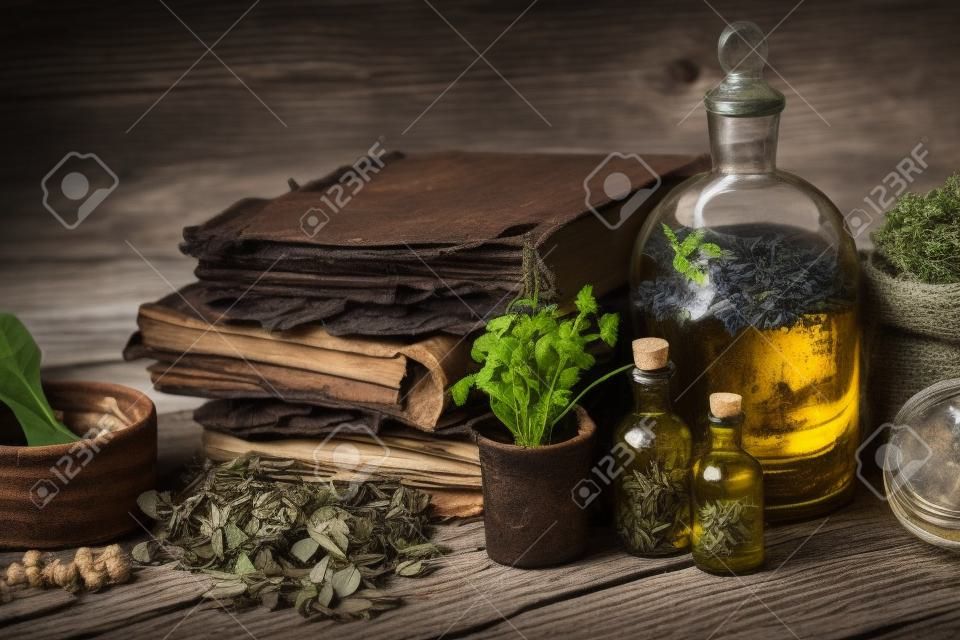 Tincture bottles, assortment of dry healthy herbs, old books, wooden mortar, sack of medicinal herbs. Herbal medicine.