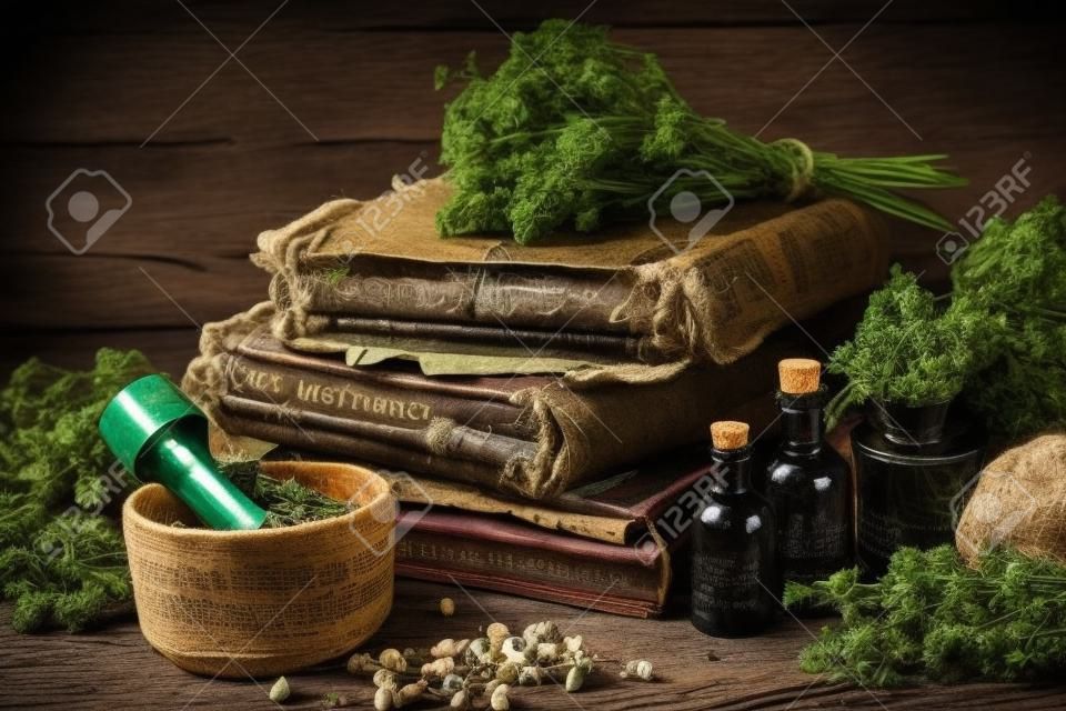 Botellas de tintura, racimos de hierbas secas y saludables, pila de libros antiguos, morteros, sacos de hierbas medicinales. Medicina herbaria.
