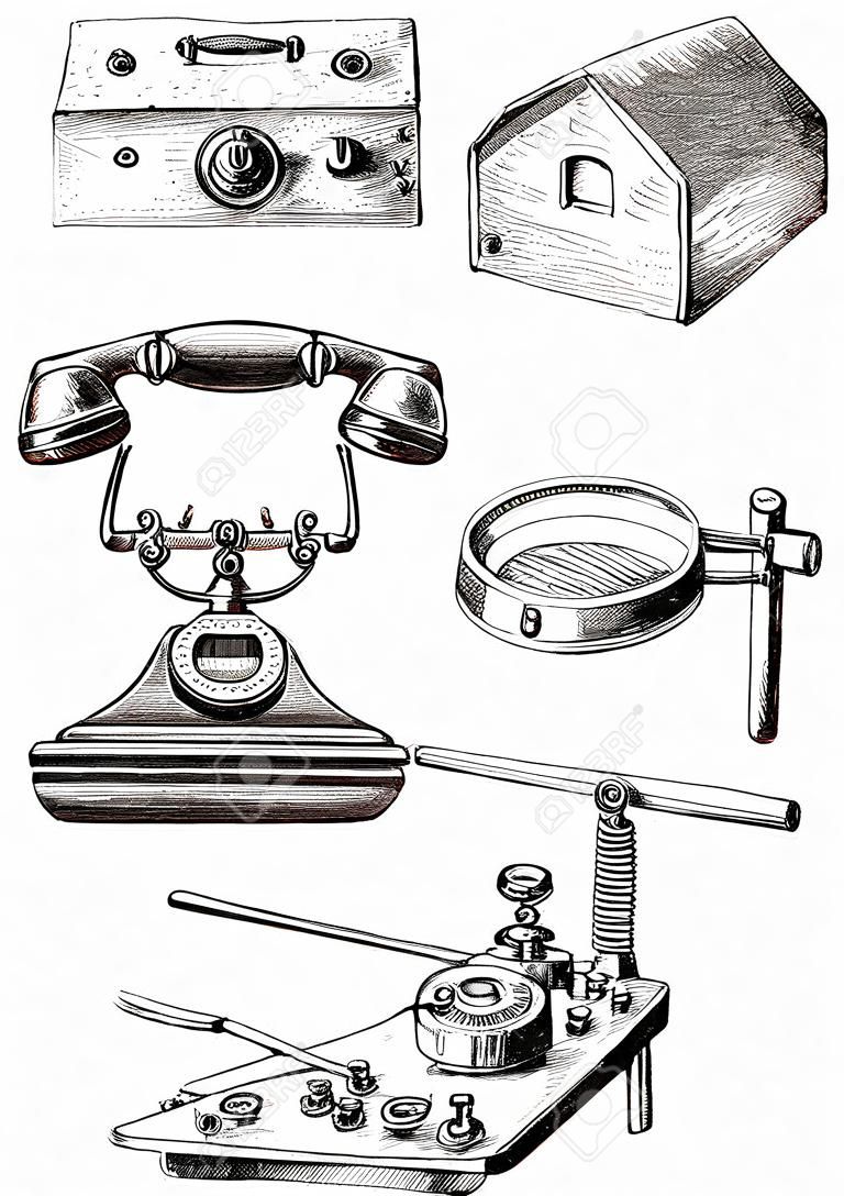 Retro sprzęt komunikacyjny ręcznie rysunek w stylu vintage