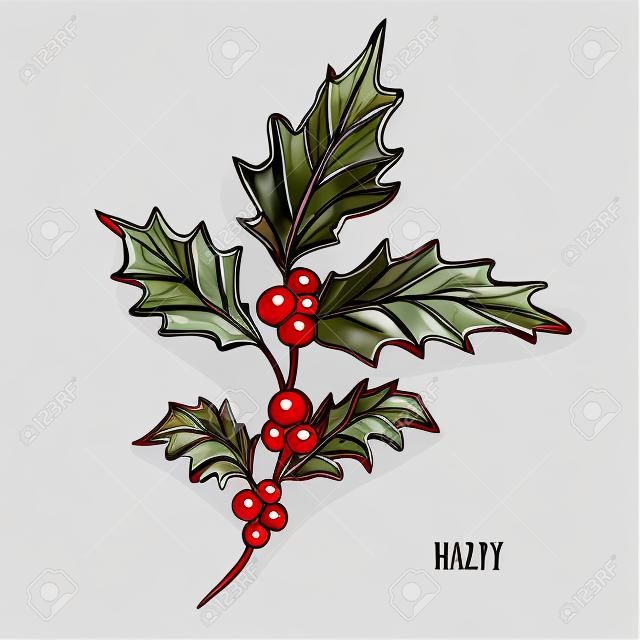 Decorative holly berry branch, design element. Can be used for cards, invitations, banners, posters, print design. Winter background in line art style