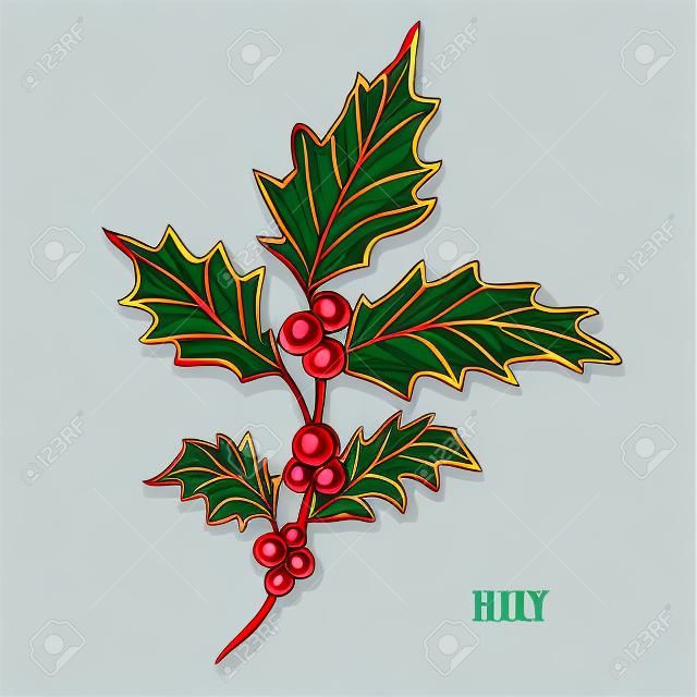 Decorative holly berry branch, design element. Can be used for cards, invitations, banners, posters, print design. Winter background in line art style