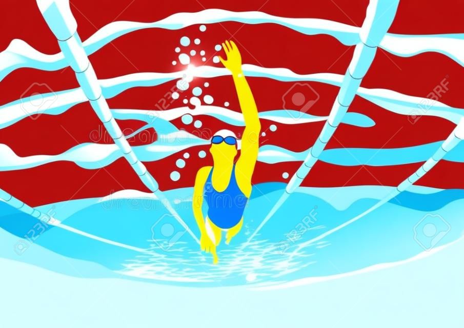 Schwimmwettbewerb im Pool. Professionelle Schwimmerinnen im Pool. Freestyle-Schlaganfallfrau, die in Wasservektorillustration springt